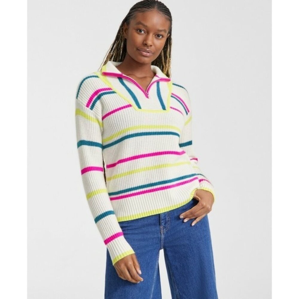 NEW CASHMERE CHARTER CLUB LUXURY CASHMERE STRIPED HALF-ZIP SWEATER SMALL